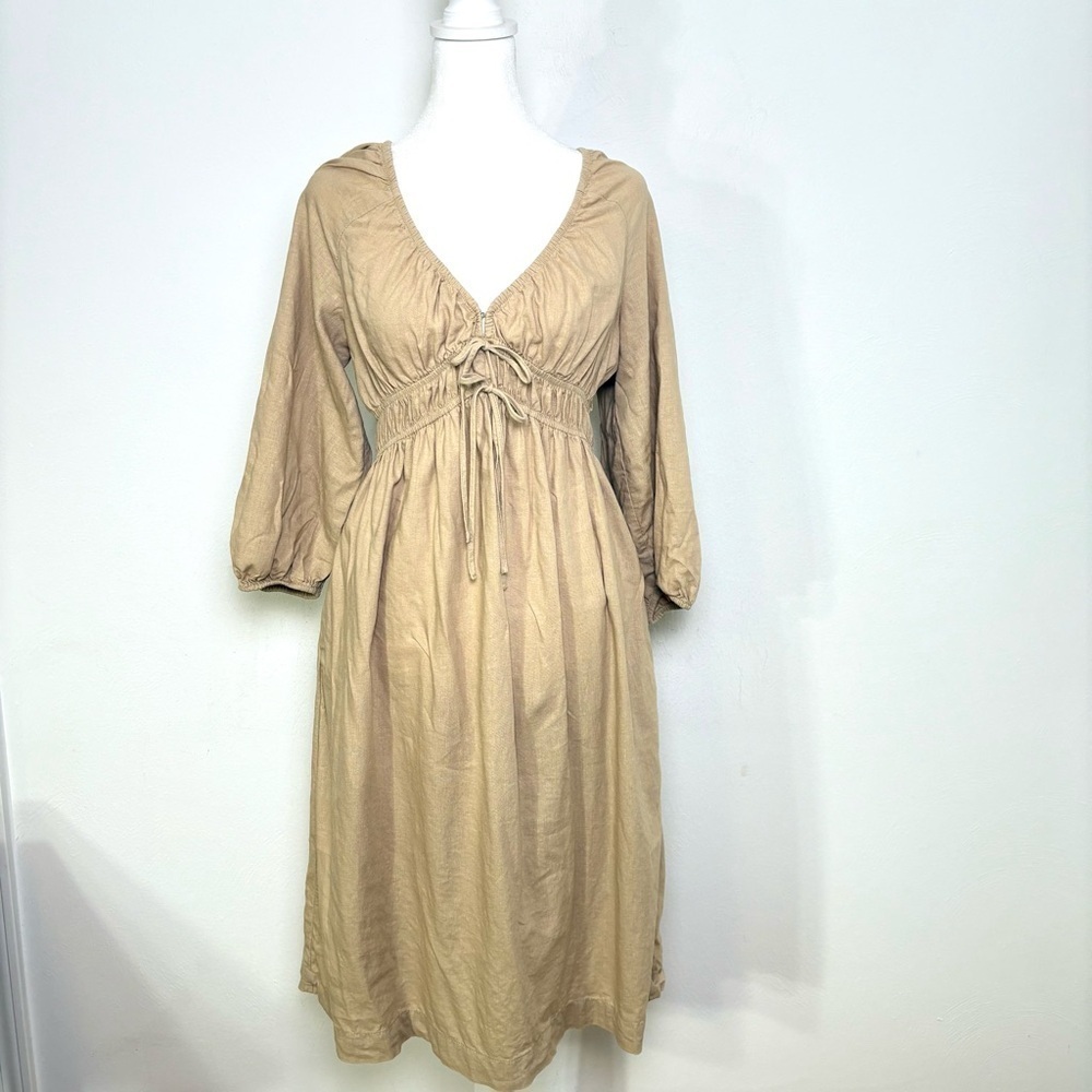 Target Universal Thread Linen Prairie Milkmaid Peasant Midi V Neck Dress Wheat S